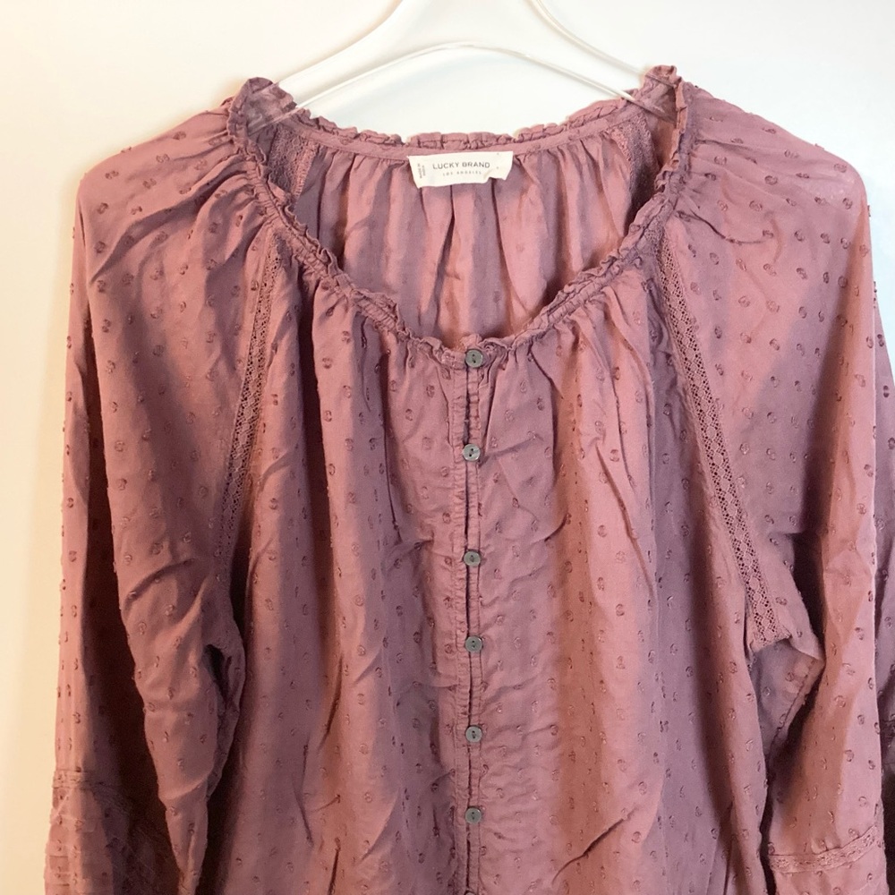 Lucky Brand Long Sleeve Swiss Dot Bubble Hem Peasant Top - Rose Brown - L - Picture 6 of 10